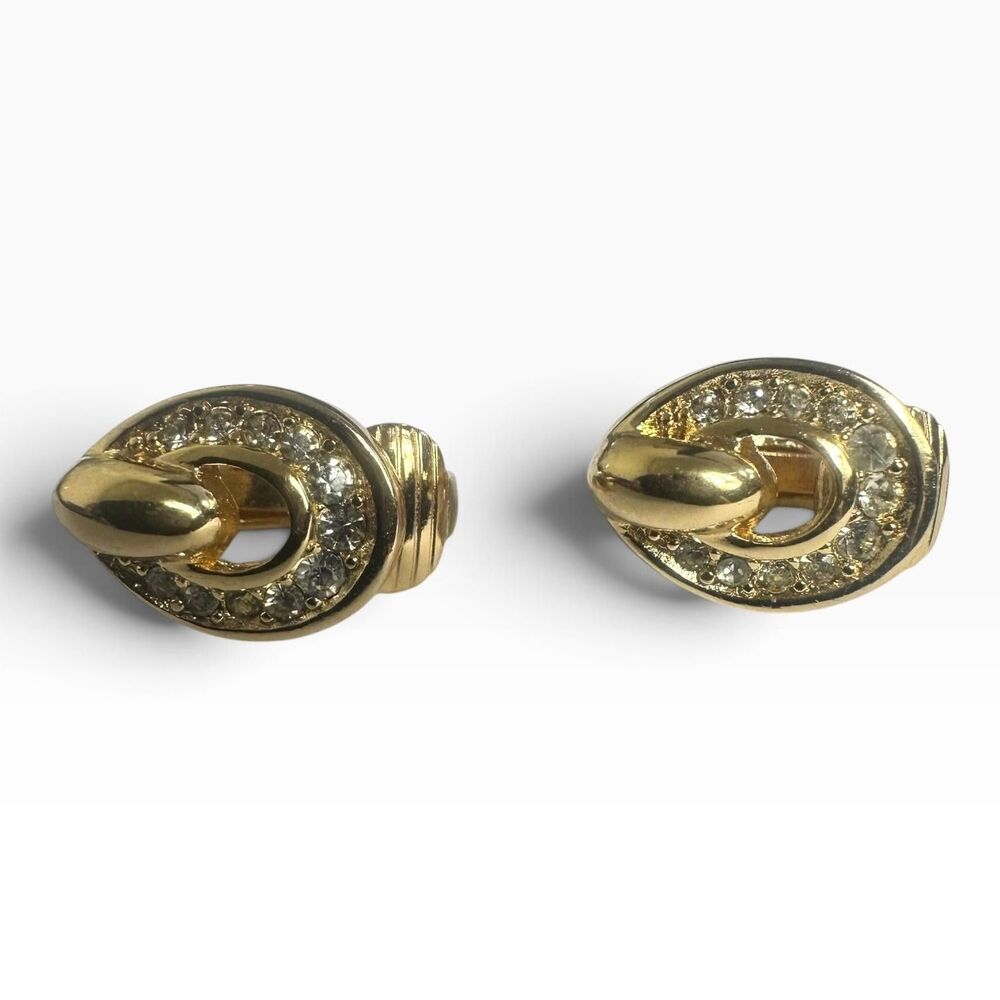 Vintage Christian Dior Gold Tone Crystal Rhinestone Clip-On Huggie Earrings